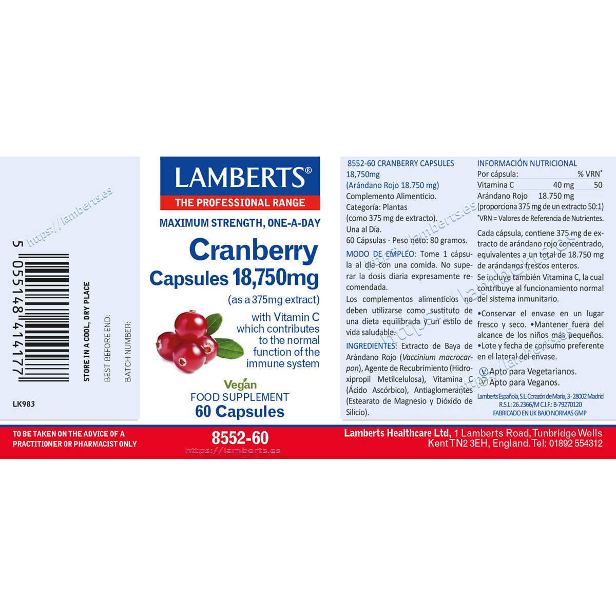 Arándano Rojo 18.750 mg, Lamberts, 60 cápsulas