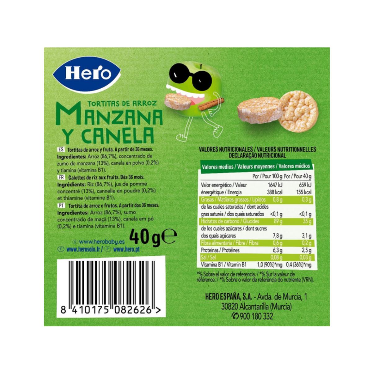Pack 7x Tortitas de Arroz, Manzana y Canela sin gluten 40 g- Hero/Kids