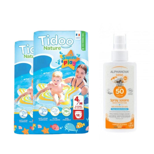 Pack x2 Swimmers Pañales para el baño T4 (8-15kg) Tidoo + Protector Solar Bebé SPF 50 Alphanova 125 ml