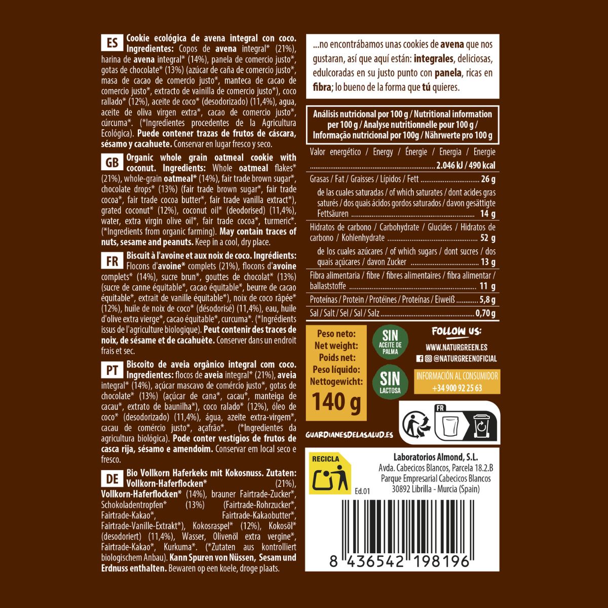 Cookie de Avena Integral con Coco Bio NaturGreen  140 g