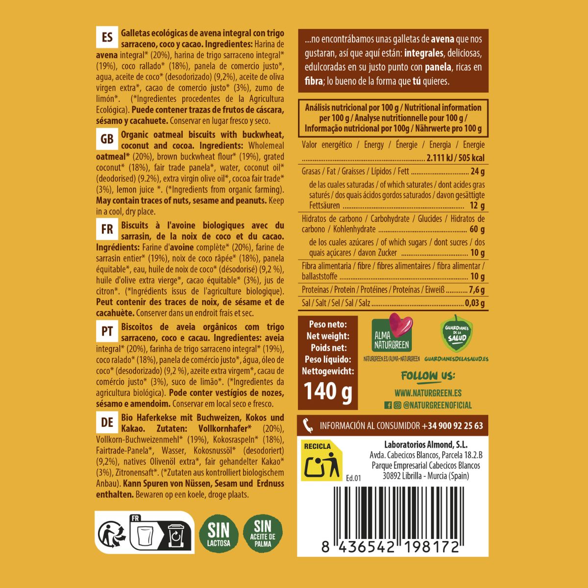 Galleta de Avena Integral con Trigo sarraceno, Coco y Cacao Bio NaturGreen 140 g