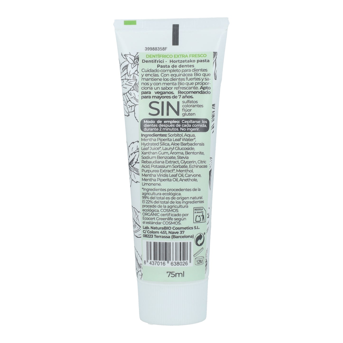 Dentífrico Menta y Equinácea Bio Sin Flúor NaturaBio 75 ml