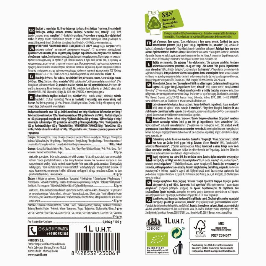 Pack 6 L Bebida vegetal de Almendra sin azúcar BIO Ecomil