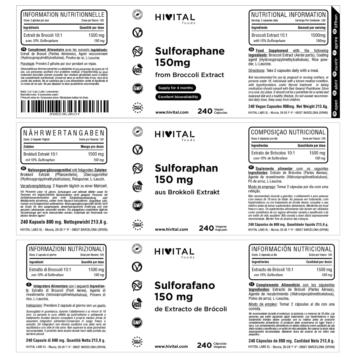 Sulforafano 150 mg Hivital 240 cápsulas veganas