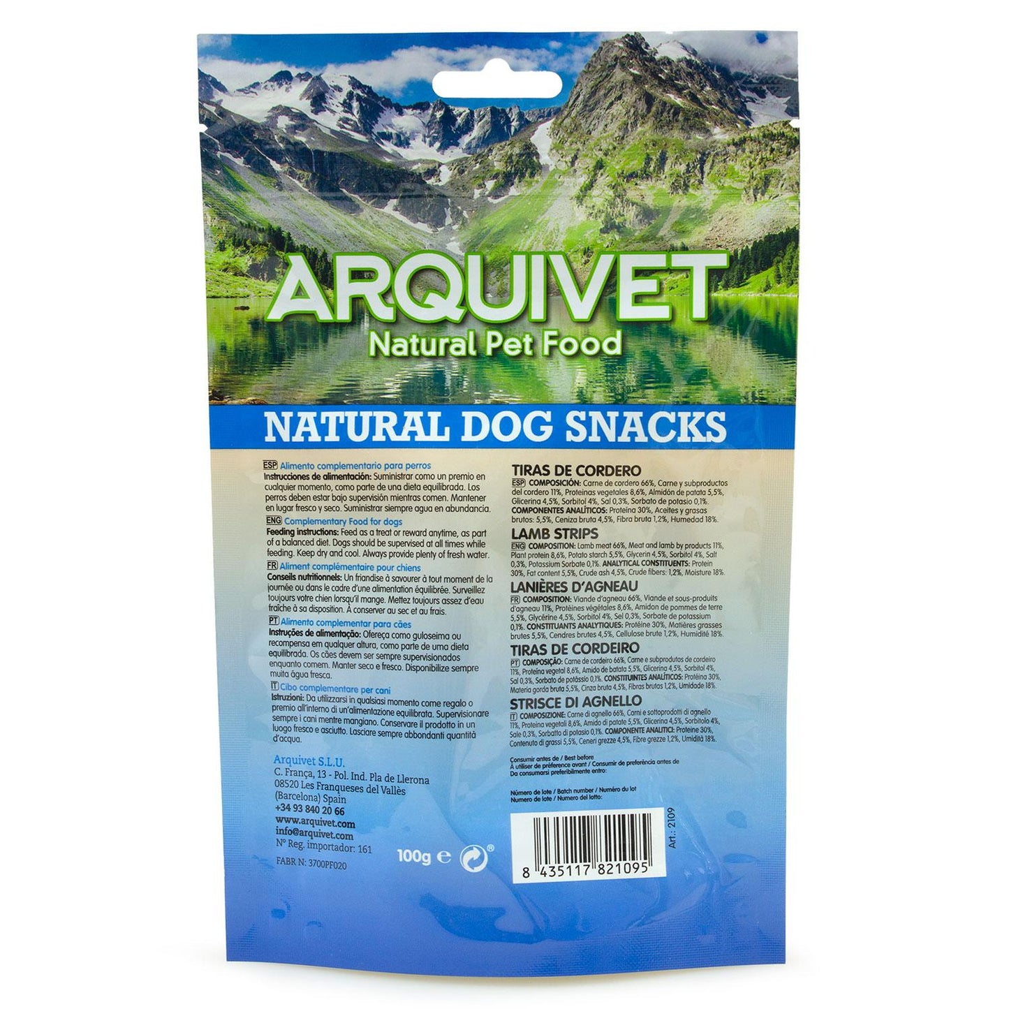Snack natural para perros  Tiras de cordero Arquivet 100 g