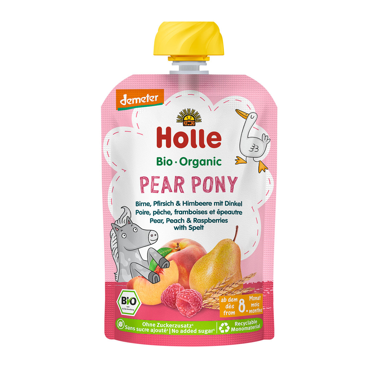 Pouch Pear Pony Pera, Melocotón y Frambuesas con Espelta Demeter a partir 8 meses Holle 100gr