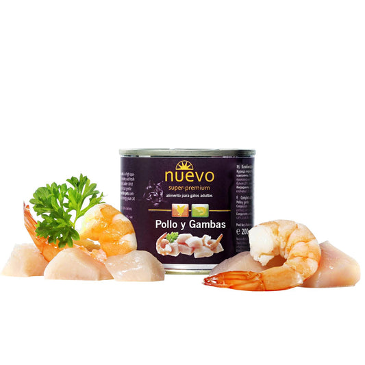 Nuevo Lata Gato adulto Pollo y Gambas 200 g