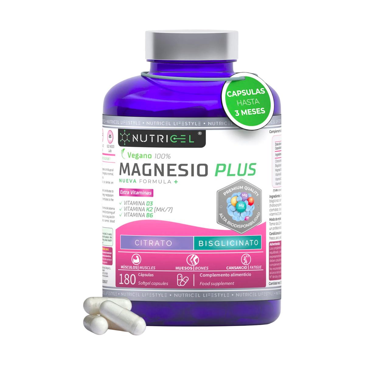 Magnesio Plus Citrato 1577mg + Bisglicinato Nutricel 600mg 180 cápsulas
