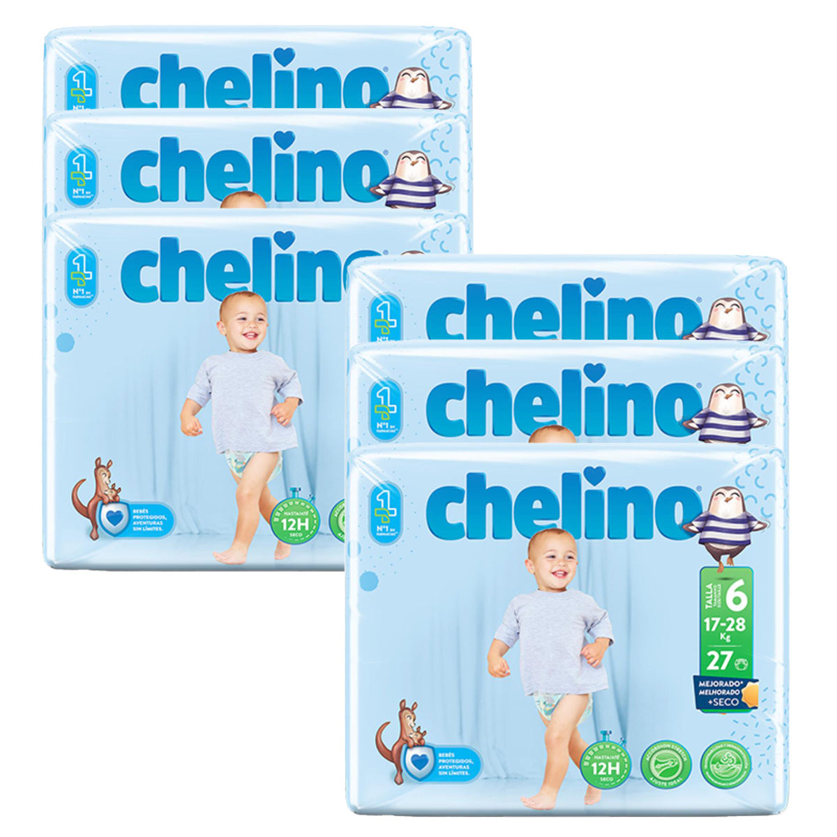 Pack 6x Pañal T6 Junior (17-28Kg) 27 uds, Chelino