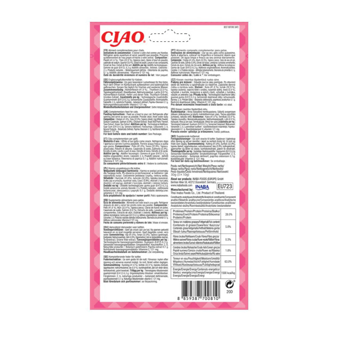 Churu Cat Bites receta de atún con salmón Snack para gatos 3 x 10 g