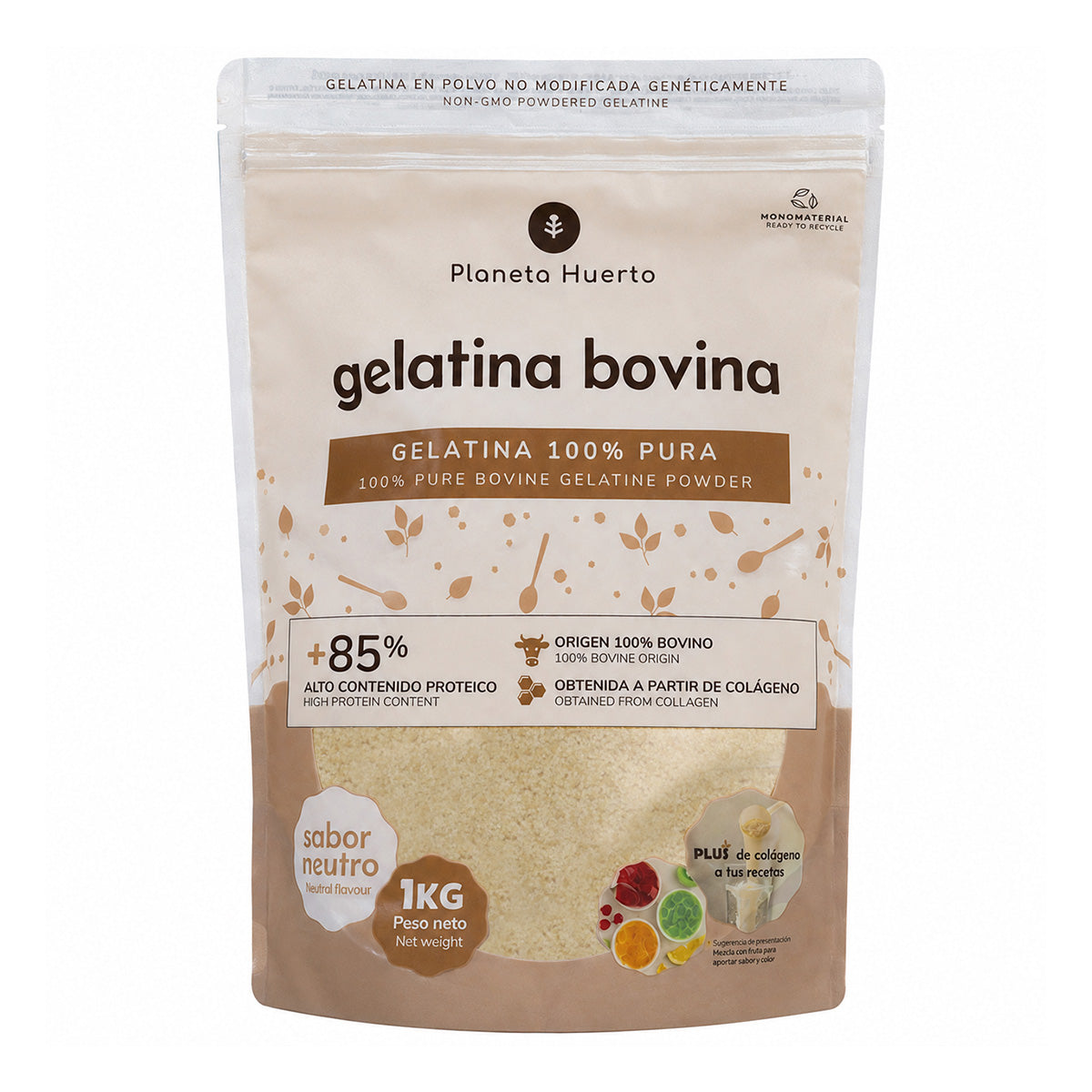 Gelatina Bovina neutra en polvo fuente de colágeno Planeta Huerto 1 Kg