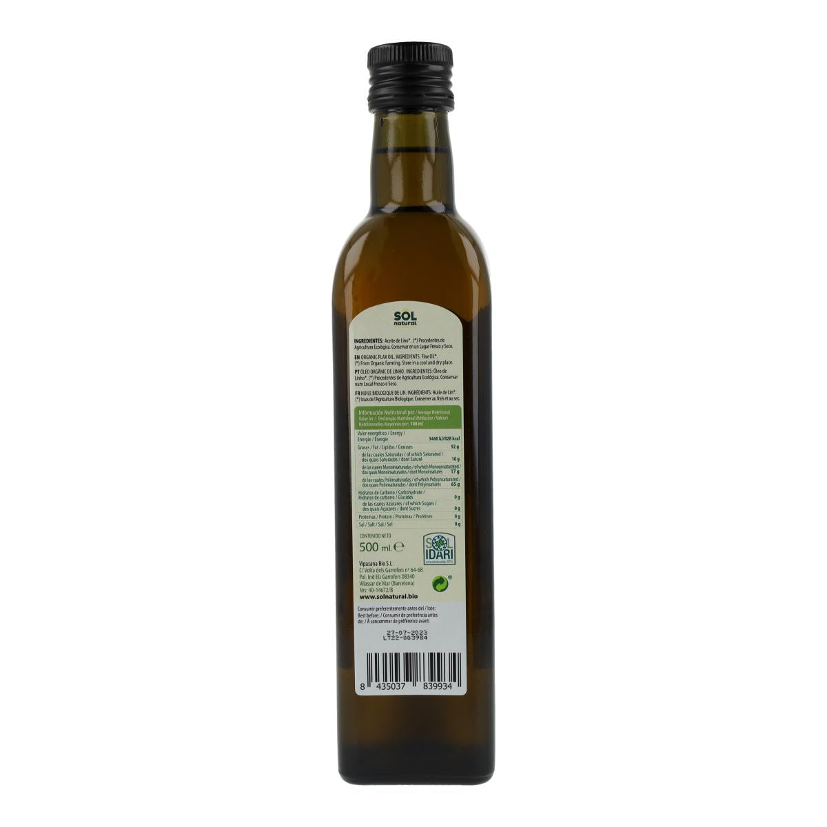Aceite de lino 1ª presión en frío bio Sol Natural 500 ml
