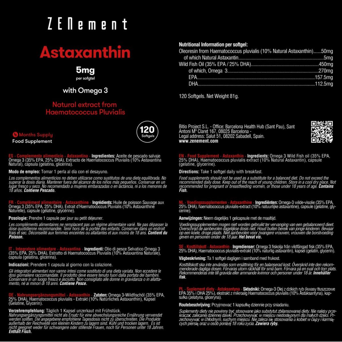 Astaxantina, 5 mg con Omega 3 Zenement,  120 comprimidos Astaxantina 5 mg con Omega 3