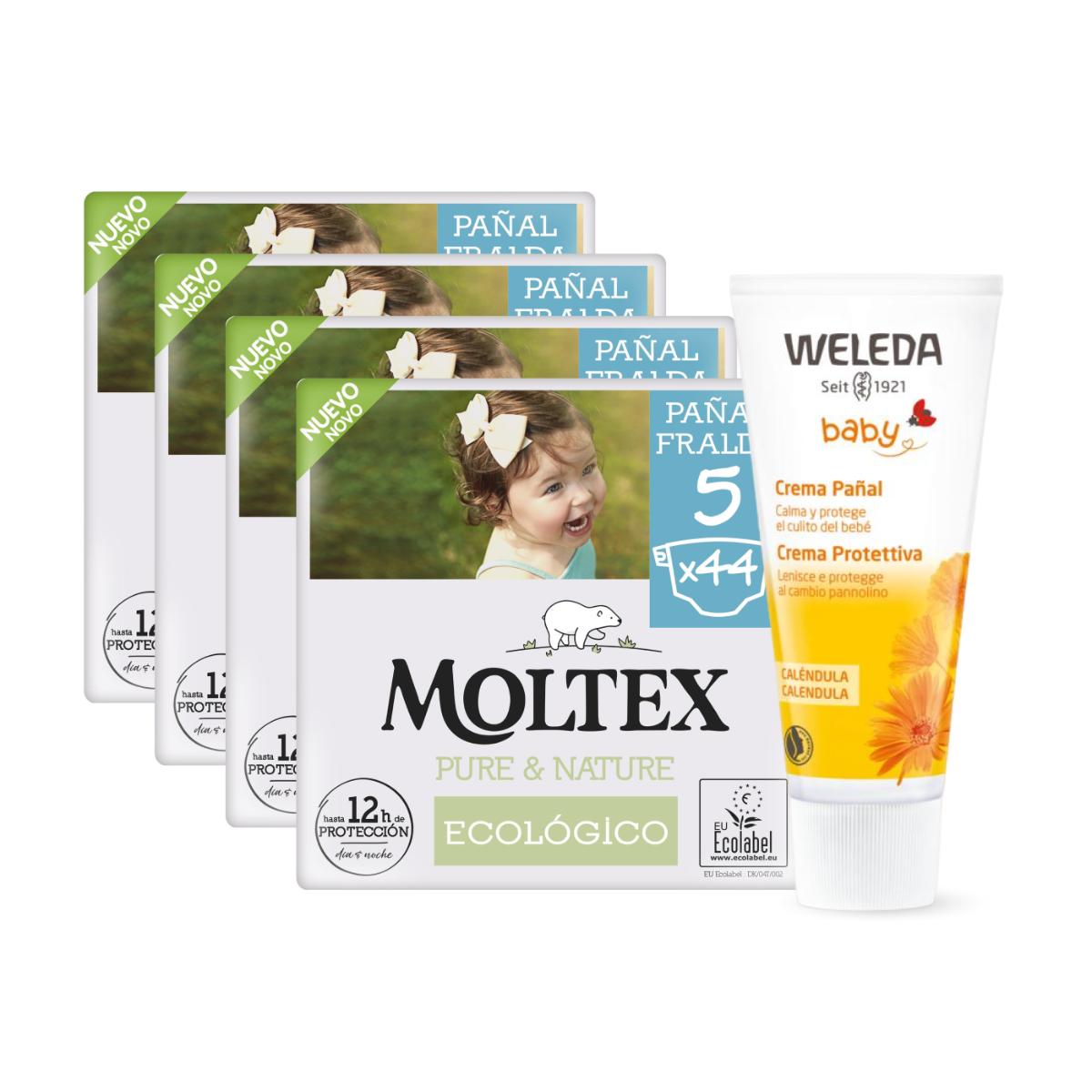 PACK ESPECIAL Crema de Pañal de Caléndula Weleda 75ml + Pack ahorro Pañales T5 (13-18 kg) Moltex Pure & Nature 176 Uds