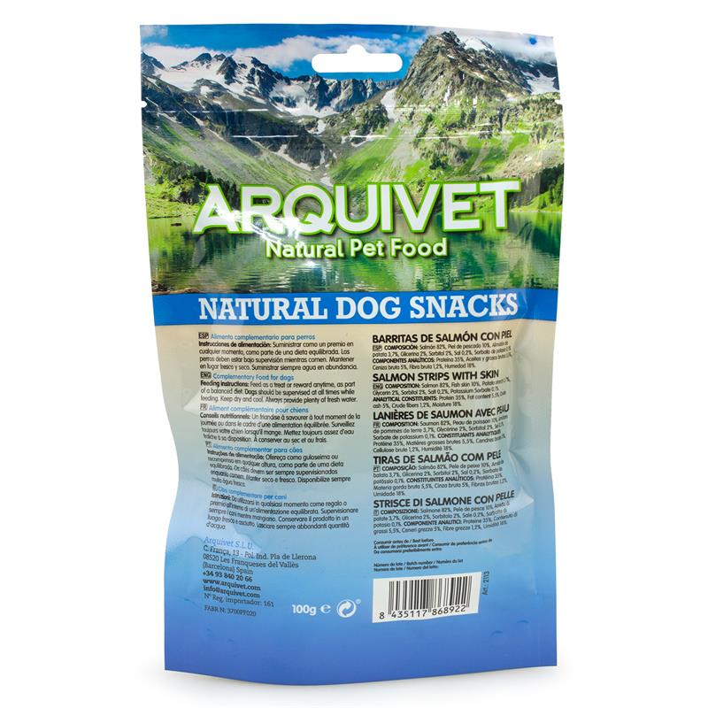 Snack natural para perros Barritas de salmón con piel Arquivet 100 gr