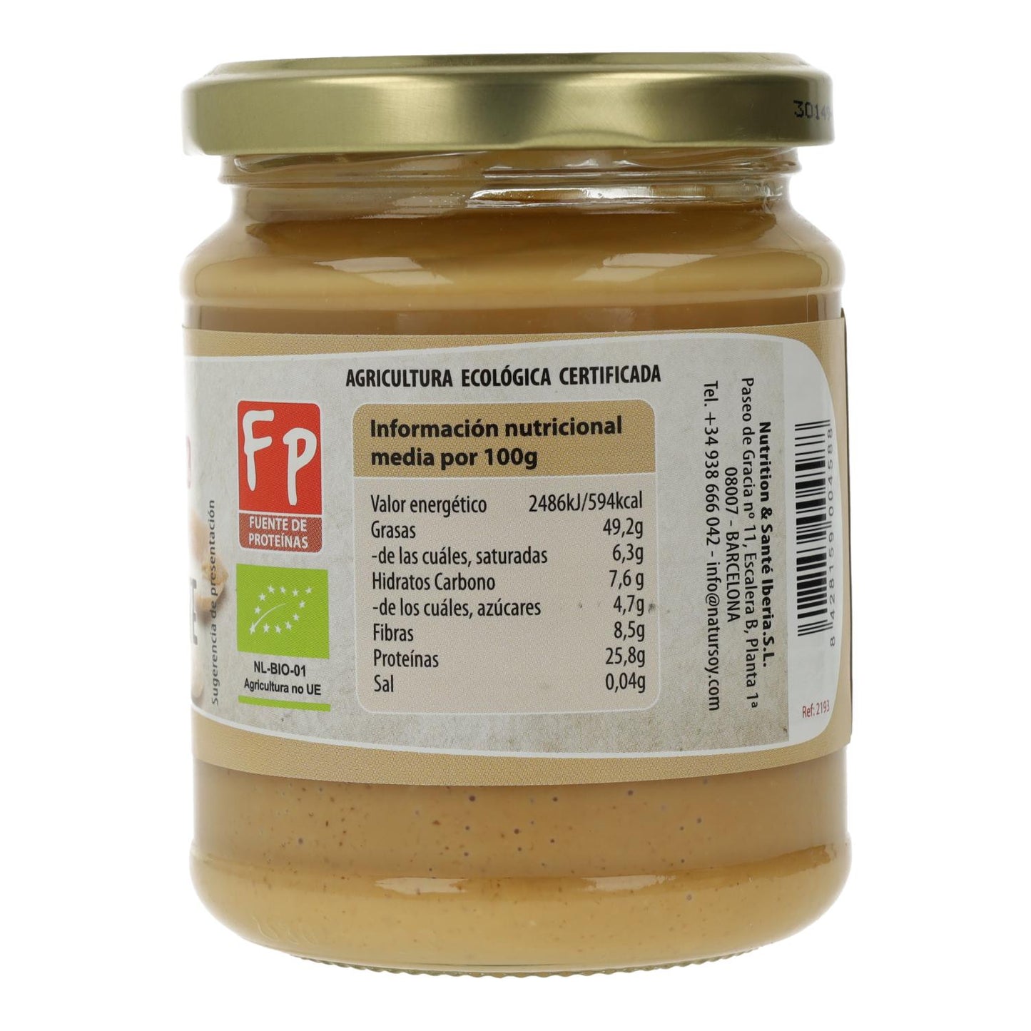 Crema de Cacahuetes ECO sin sal, 250 g. Natursoy