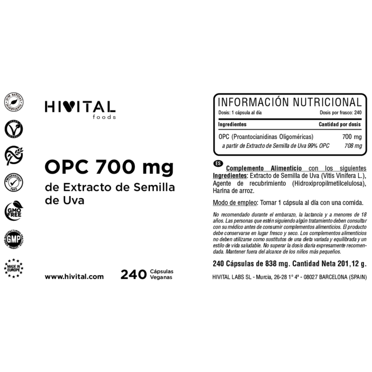 OPC semilla de uva 700 mg Hivital 240 cápsulas veganas