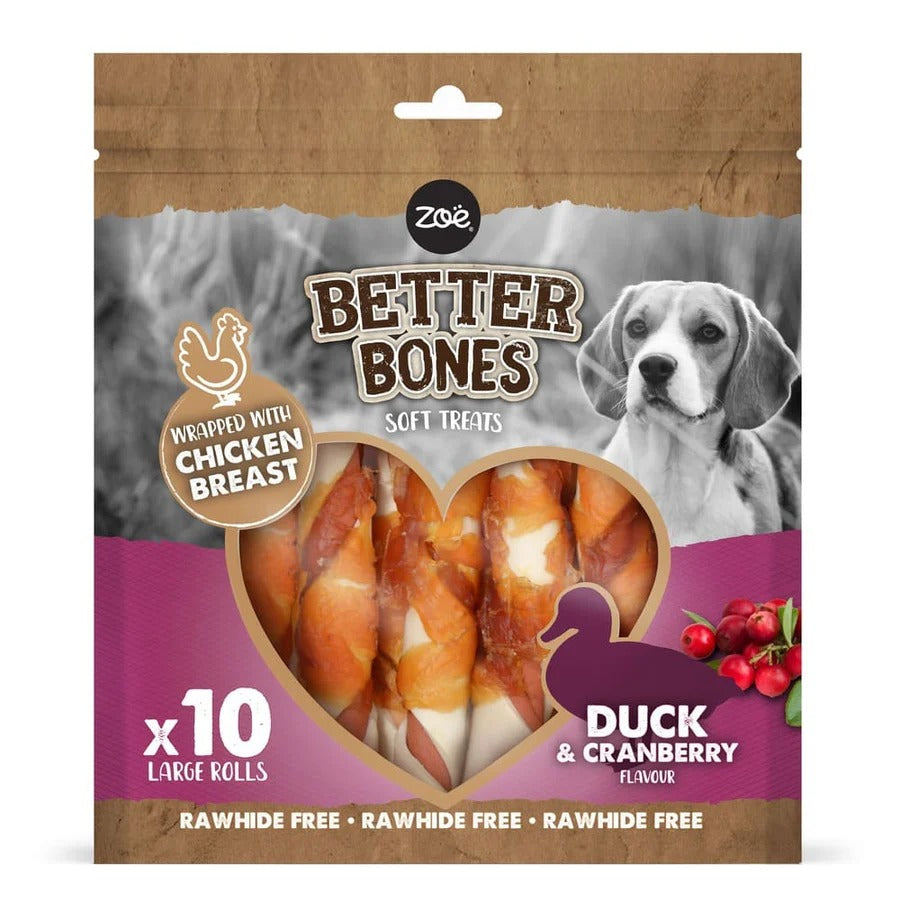 Rolls grandes envueltos en pato para perros Zoë Better Bones 12,5cm, 10 pcs