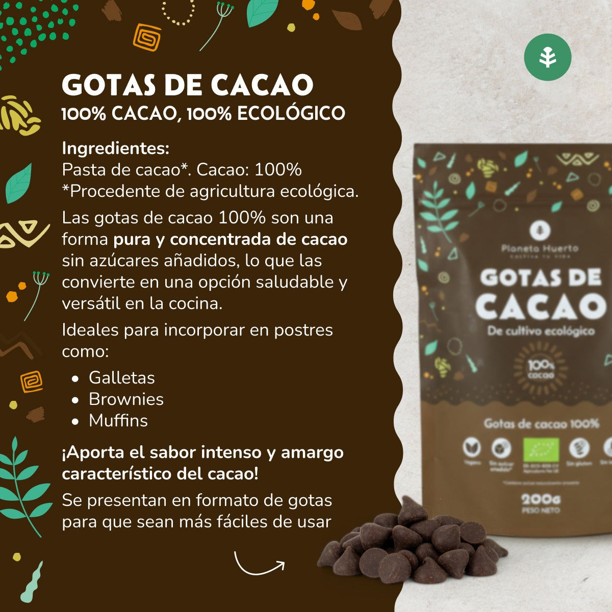 Gotas de Chocolate 100% cacao ECO Planeta Huerto 200 g