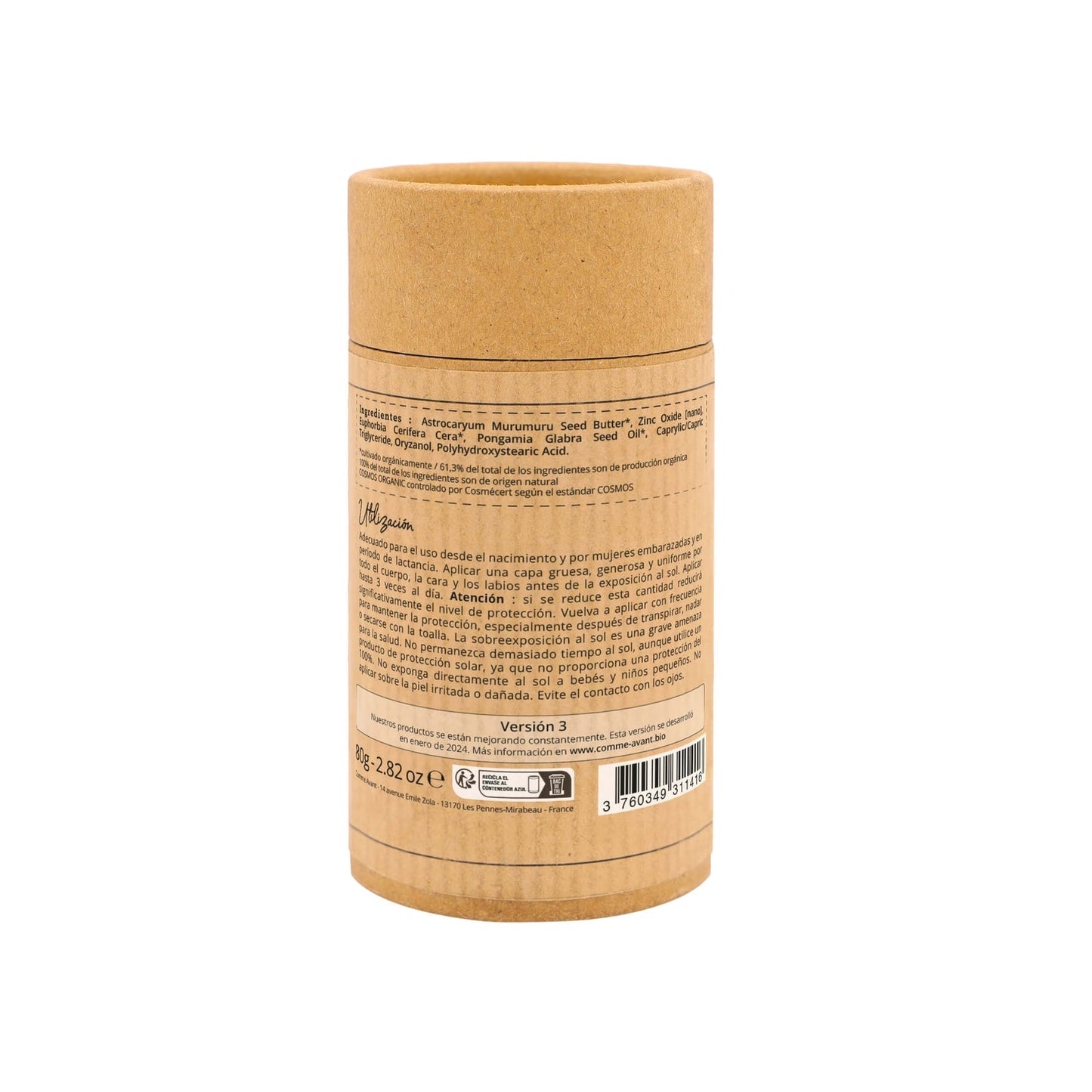 Protector solar mineral sólido SPF50 con aceite de Karanja Sin perfume Comme Avant 80 g