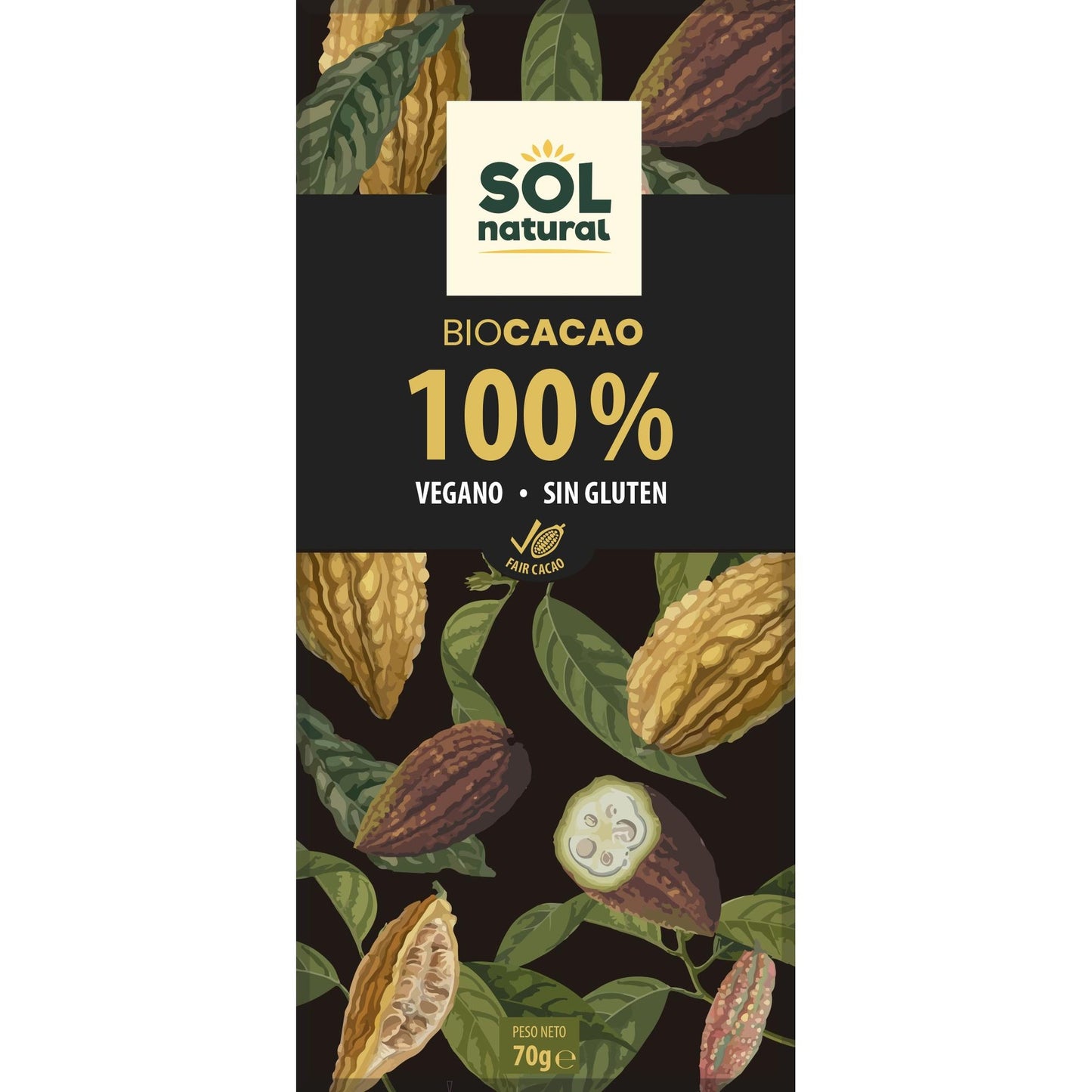 Chocolate vegano 100% cacao bio Sol Natural 70 g