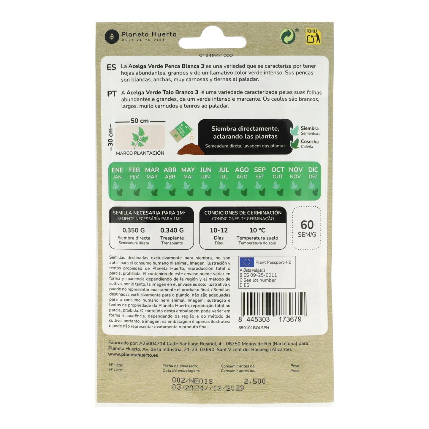 Semillas de Acelga Verde ecológicas Planeta Huerto