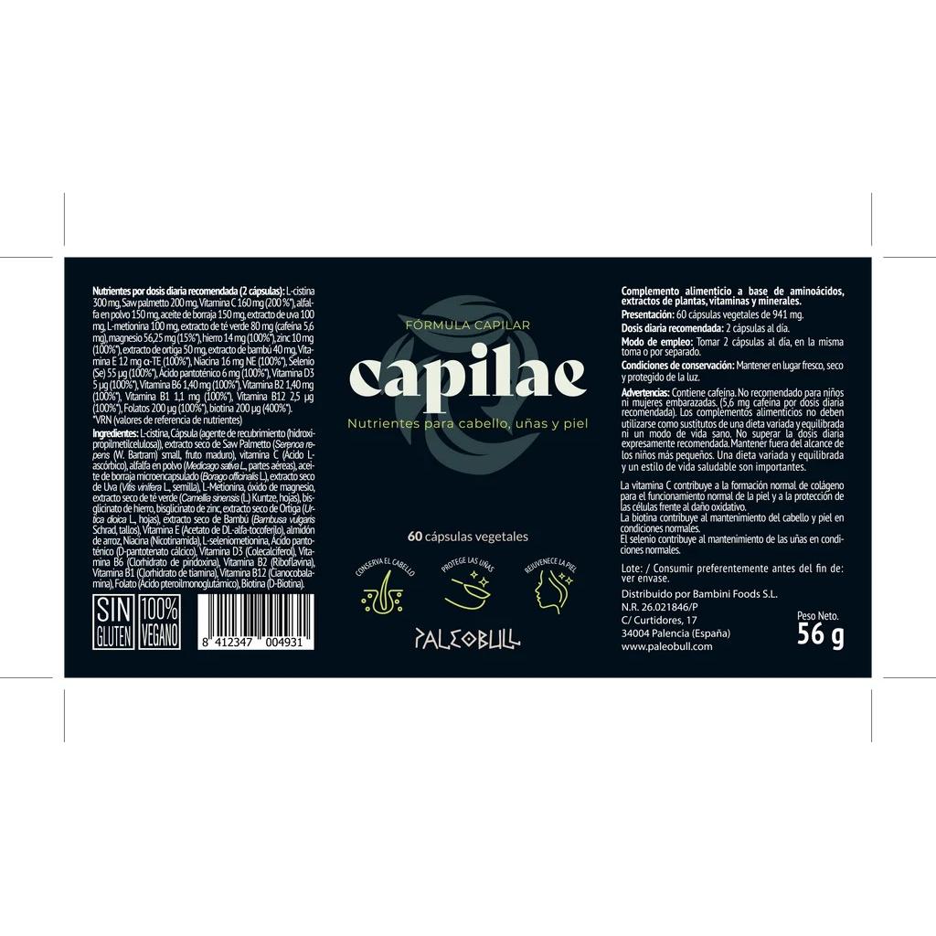 Capilae fórmula para cabello, uñas y piel Paleobull 60 caps