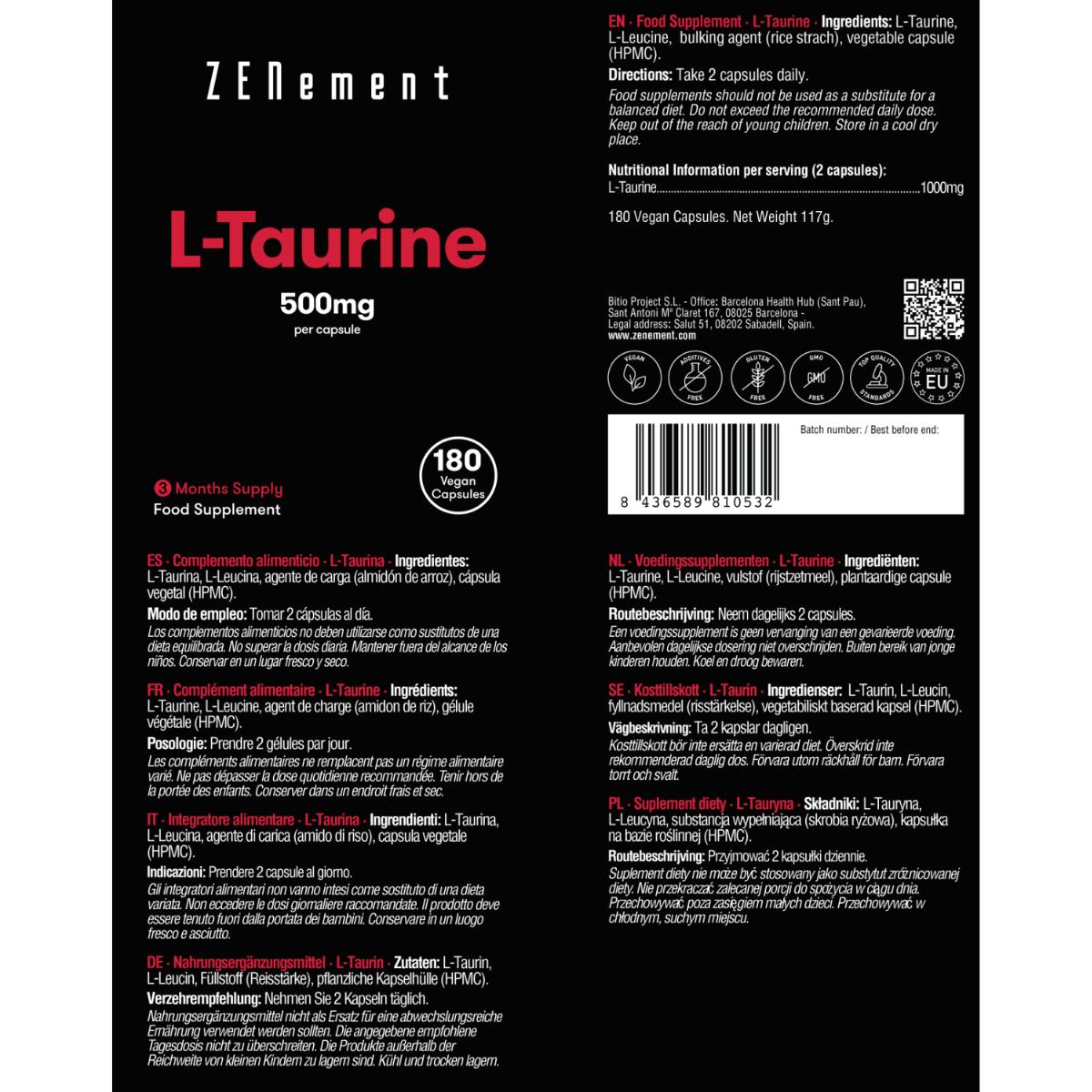 L-Taurina 500 mg por comprimido Zenement,  180 comprimidos