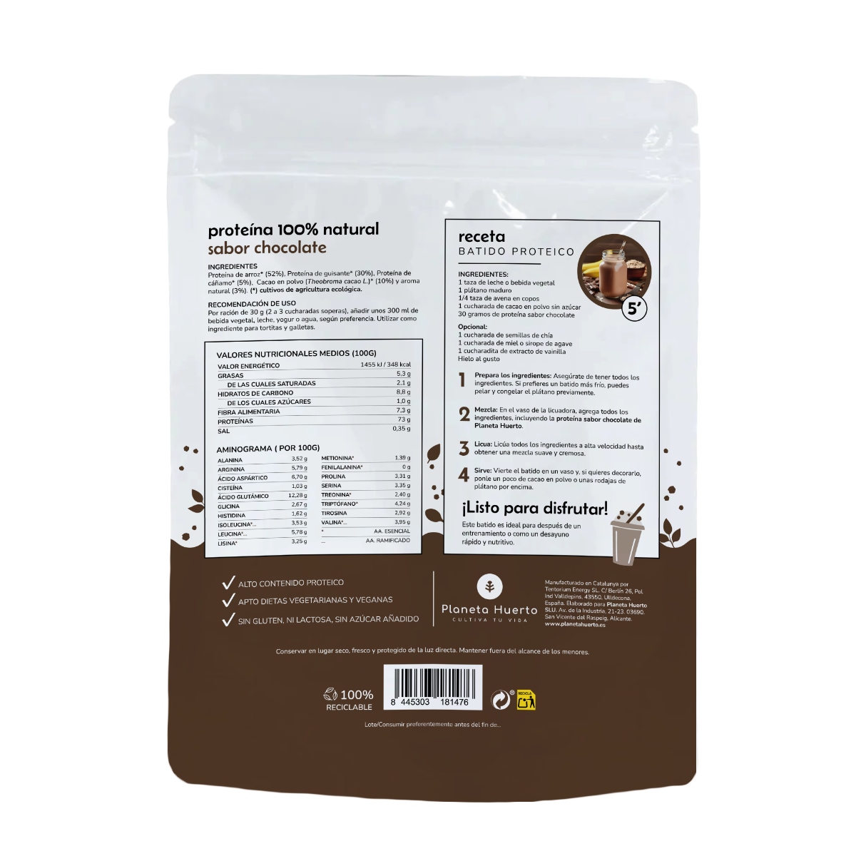 Proteína vegetal ECO 73% chocolate Planeta Huerto 500 g