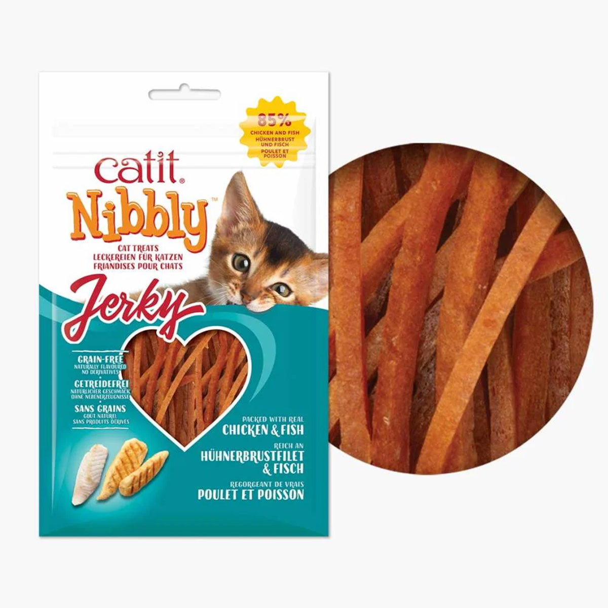 Snack tipo jerky para gatos sabor pollo y pescado Nibbly 30 g Catit