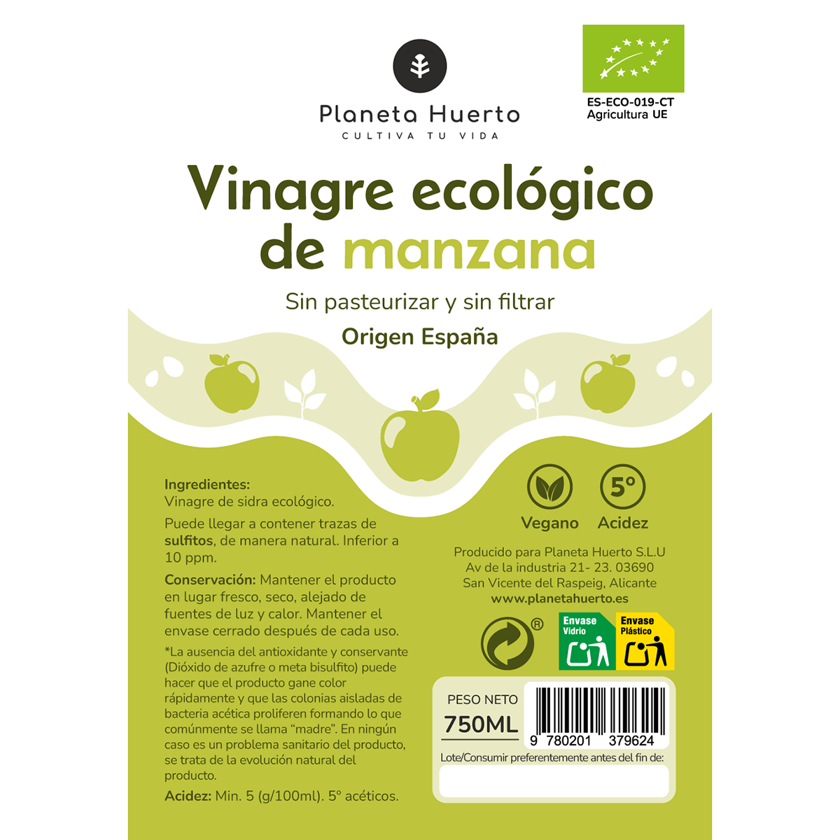 Vinagre de manzana ECO sin filtrar Planeta Huerto 750 ml