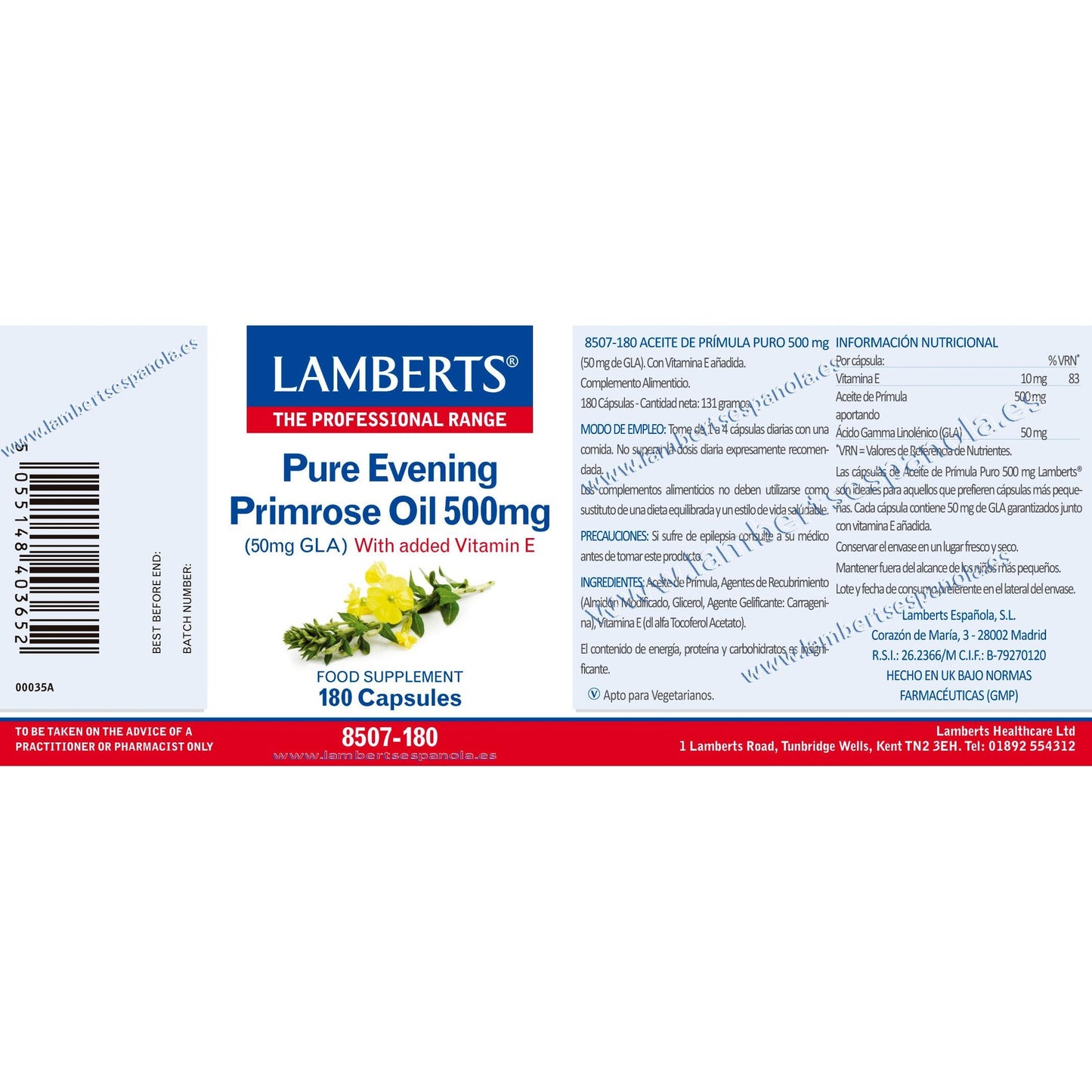 Aceite de Prímula Puro Lamberts 180 cápsulas 500mg