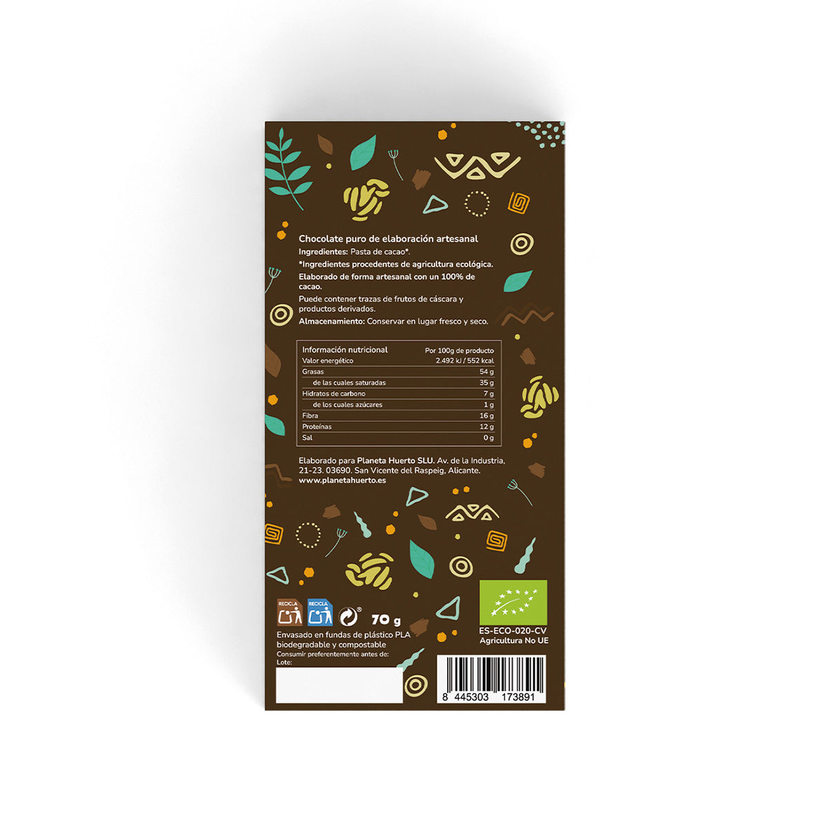 Tableta 100% cacao ECO Planeta Huerto 70 gr