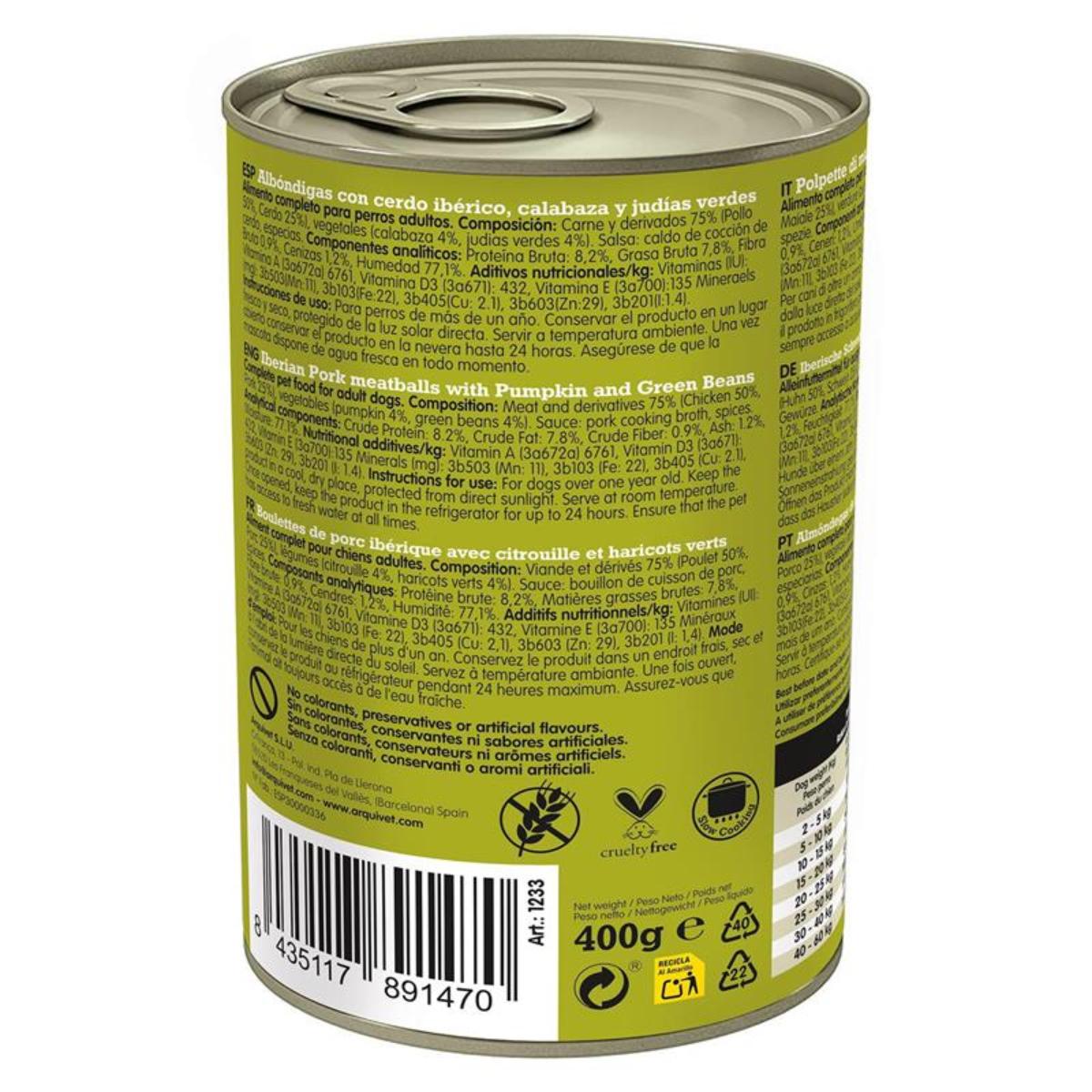 Fresh Pork Meatballs Arquivet 400 g Comida húmeda para perro con cerdo ibérico, calabaza y judías verdes