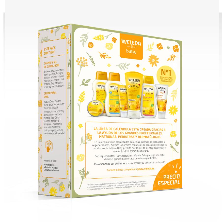 Pack esenciales bebé: Champú y Gel 200 ml + Crema de Pañal 75 ml Caléndula Weleda