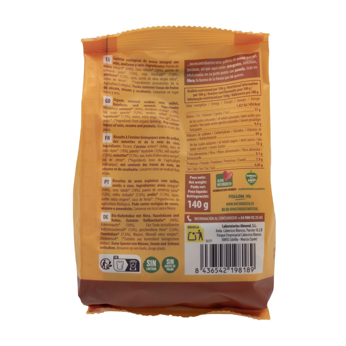 Galleta de Avena Integral con mijo, avellanas y coco Bio NaturGreen 140 g