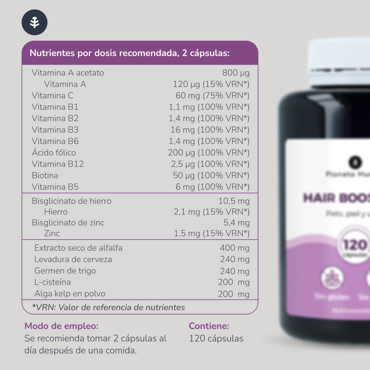 Hair Booster pelo, piel y uñas Planeta Huerto 120 cápsulas