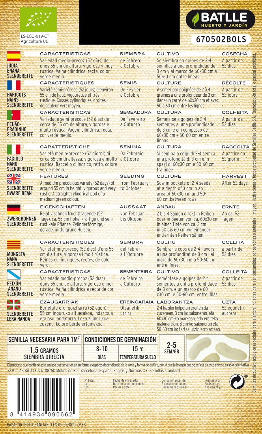 Semillas de Judía Slenderette ecológicas Batlle