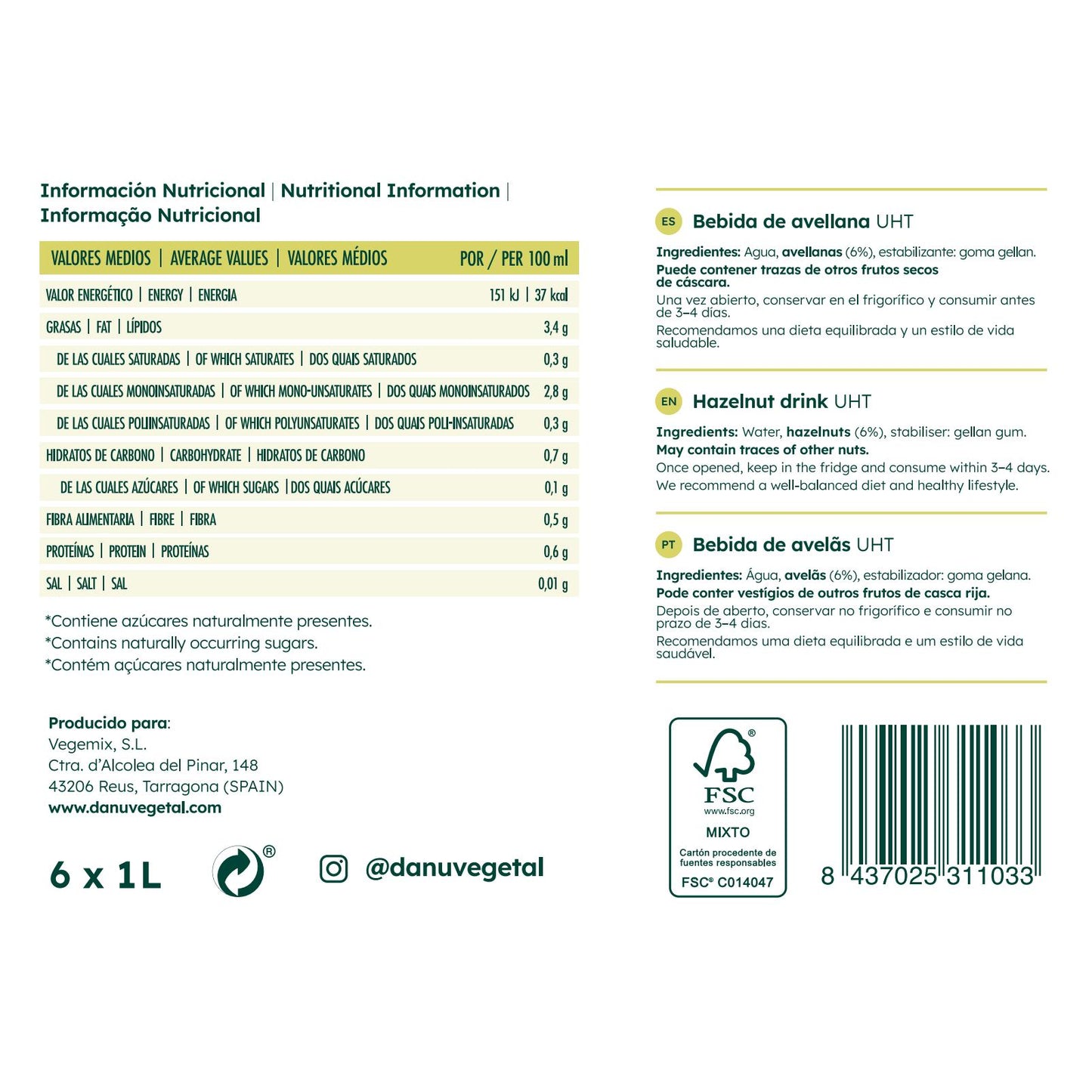 Bebida de Avellana Danu 1 Litro