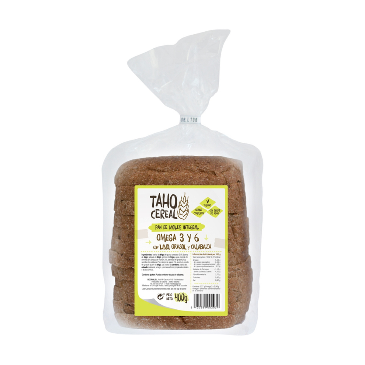 Pan de molde integral omega con lino, girasol y calabaza Taho 400 g