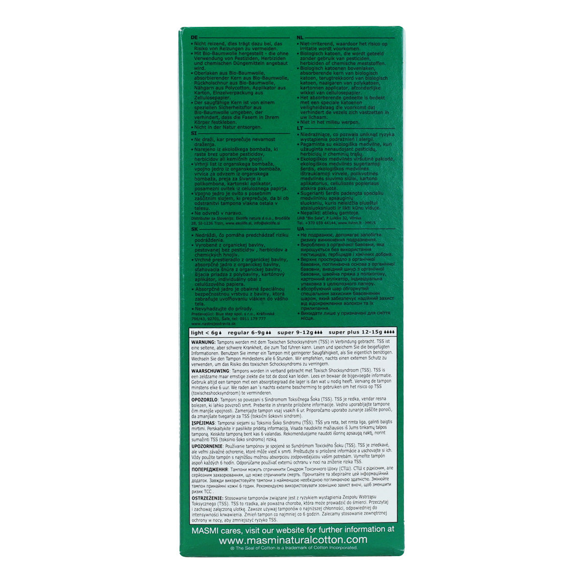 Tampón súper con aplicador algodón ECO Masmi, 14 unidades