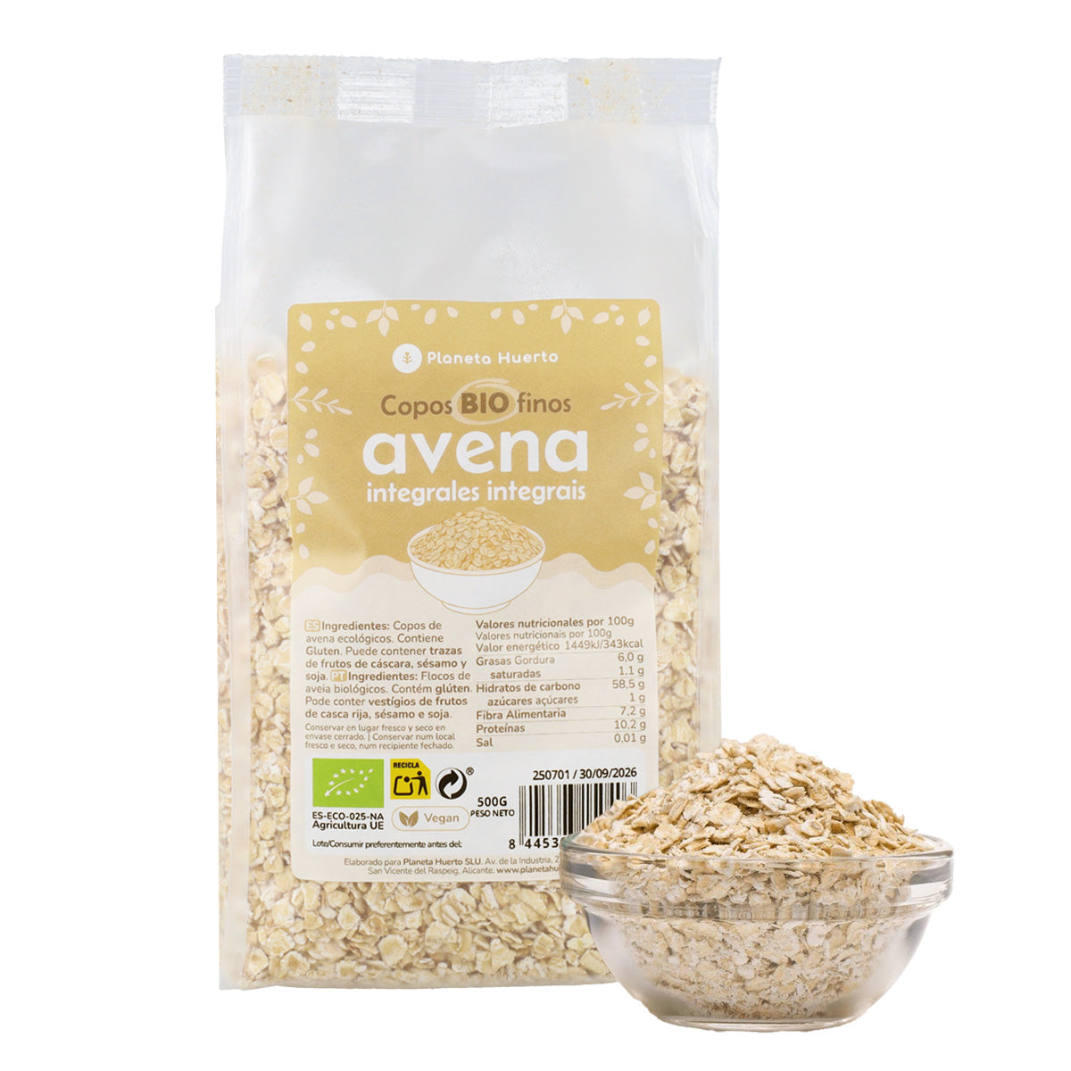 Pack 2x Copos de avena integral finos ECO Planeta Huerto 500 g