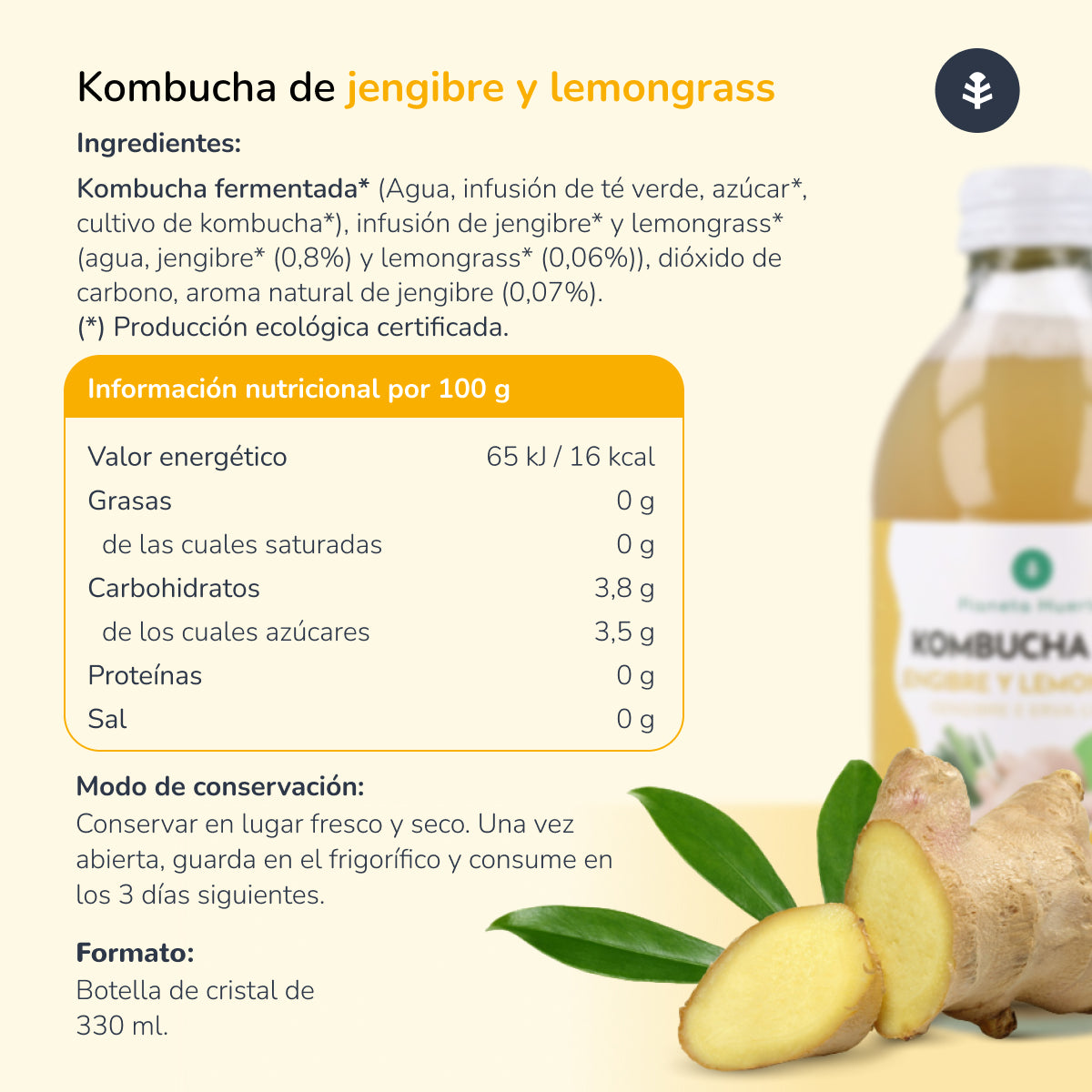 Pack 6x Kombucha ECO Jengibre y lemongrass Planeta Huerto 330 ml