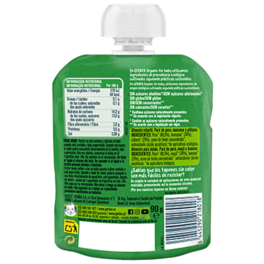 Bolsita puré de fruta ecológica para bebés sabor Pera, Manzana y Plátano Gerber 90 g