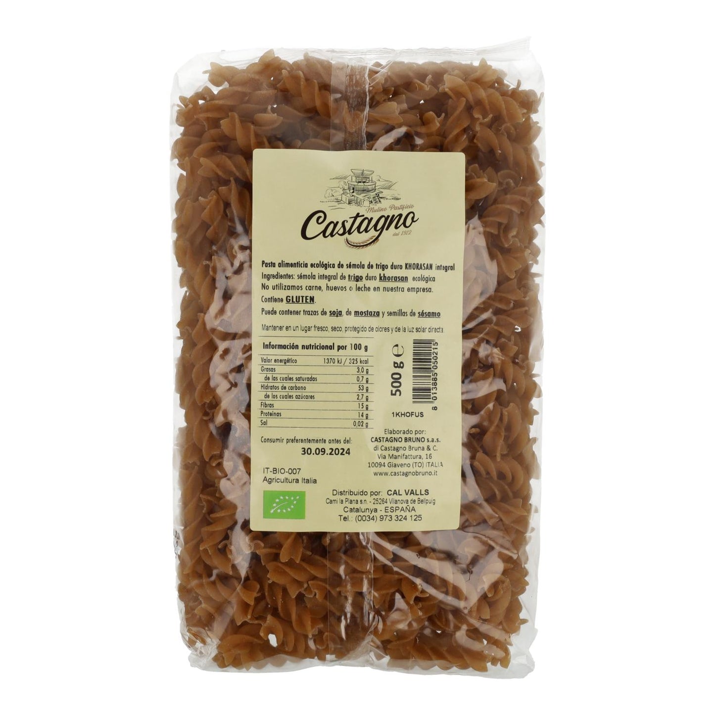 Pasta ecológica en espiral de sémola integral Khorasan Castagno 500 g