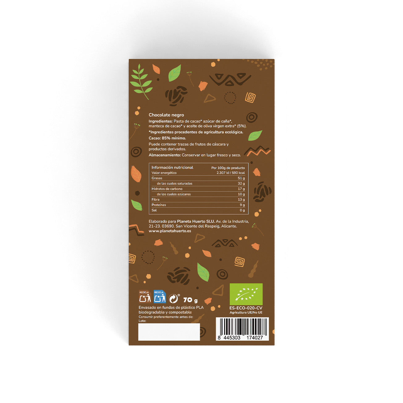 Tableta chocolate negro 85% ECO Planeta Huerto 70 g