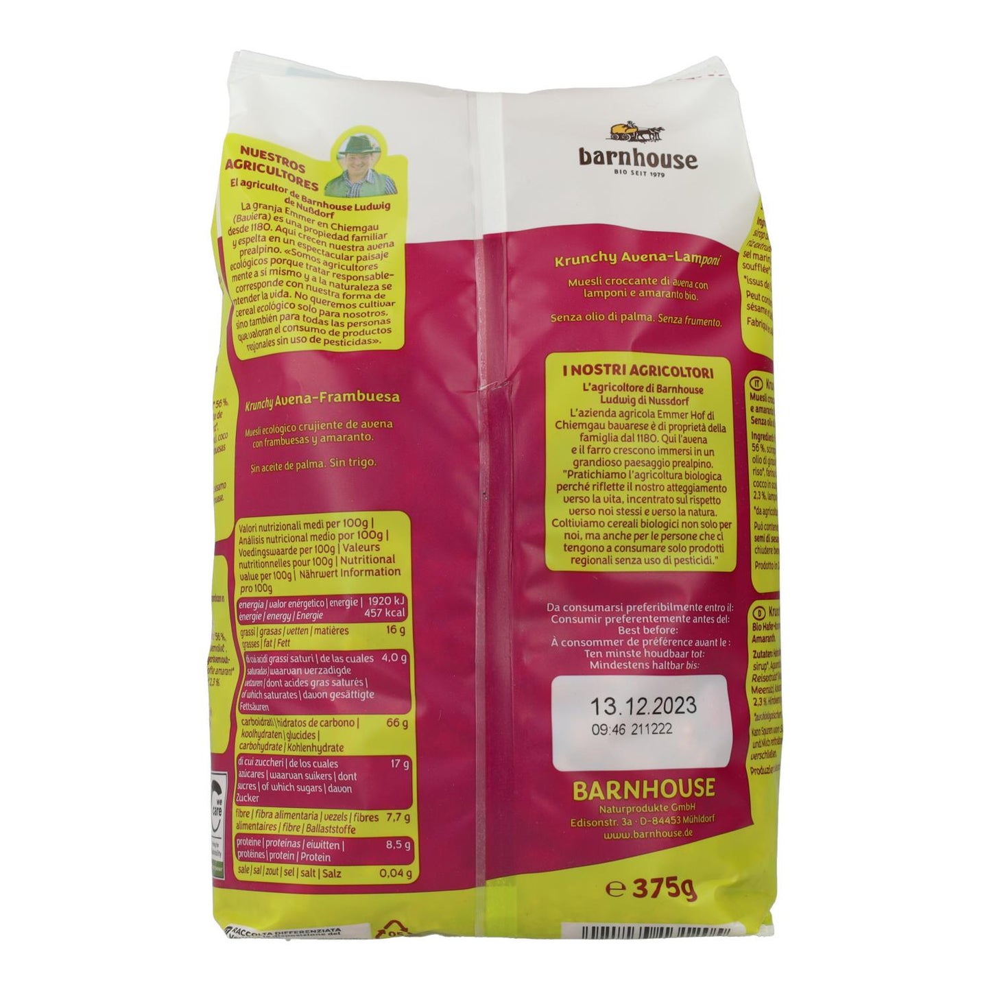 Muesli Krunchy Avena, Frambuesa y Aronia Barnhouse, 375 g
