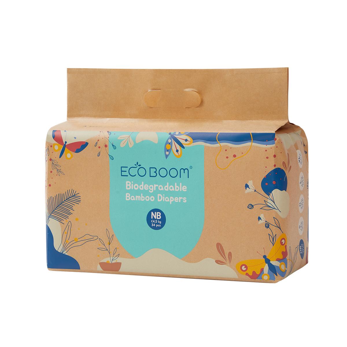 ECOBOOM - Pañal Ecológico de BAMBÚ Eco Boom. 70% Biodegradable, Hipoalergénico (TALLA 1/NB < 3KG, PACK 6 BOLSAS, TOTAL 204 PAÑALES)