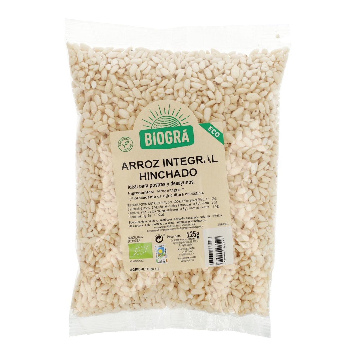 Arroz Integral hinchado BIO Sin Azúcar Biogrà, 125 g