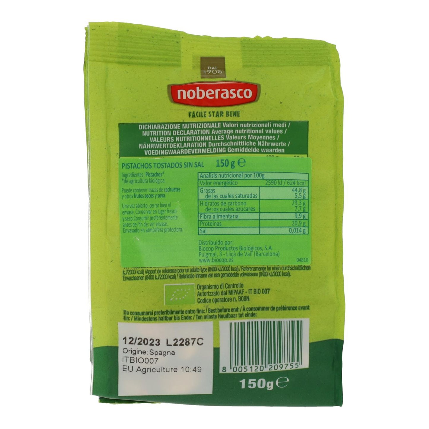 Pistachos tostados sin sal Noberasco 150 g